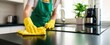 © Studio Nova - The Kitchen Countertop Being Carefully Wiped by Gloved Hands in Modern Home