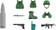 © Galib - Professional military and tactical equipment vector icon set featuring flat illustrations of a large bullet, body armor, combat helmet, tactical knife, combat