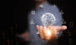 © OleCNX - AI ecosystem transforming the world through smart cities, robotics, automation, connected devices, and future technology. A man hand holding digital globe with artificial intelligence icons.