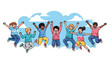 © Dimas - A diverse group of happy children jumping in the air with joy against a cloudy sky background.