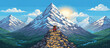 © drawing lines - Pixel art adventurer scales a rugged rocky mountain with a pickaxe, overlooking a breathtaking landscape of snowy peaks, green valleys, and a bright sunny sky