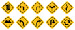© hadi - Set of ten yellow diamond-shaped traffic warning signs with black icons. Vector illustration featuring directional arrows, curves, roundabouts, and road bumps for safety design