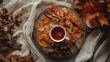 © The 2R Artificiality - Warm beverage on a wooden board with autumn leaves and acorns, emphasizing seasonal ambiance for holiday decor