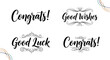 © Power Clipart - Set of four elegant greeting card phrases including 'Congrats' and 'Good Luck' in beautiful black calligraphy with flourishes.