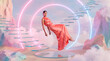 © Rendara Studio - Woman floating beside glass staircase within neon light rings