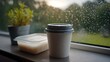 © Bussakon - Coffee cup and takeaway food container on a ill during a rainy day with condensation