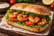 © TheWaterMeloonProjec - Spicy shrimp sandwich prepared with homemade bread, garnished with lettuce and tomato slices