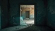 © pngking - Entryway with broken glass panes reveals a deteriorating interior featuring peeling paint and scattered debris, illustrating neglect