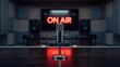 © vxnaghiyev - Radio station broadcast setup featuring professional microphone and on air indicator, focusing on studio safety practices