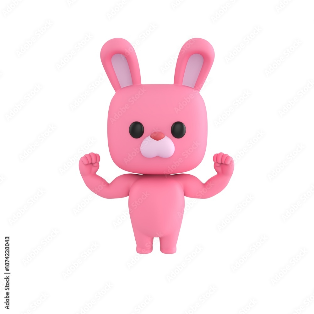Cute 3D render Little Rabbit character flexing muscles to show strength ...