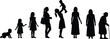 © Abida - Silhouette of female life cycle stages, from crawling baby, child, teenager, young adult, mother holding baby, to middle-aged and elderly senior woman vector illustration