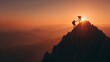 © horizon - Silhouette of two hikers appears on a mountain peak at sunset where one person helps the other climb up, symbolizing teamwork and success.