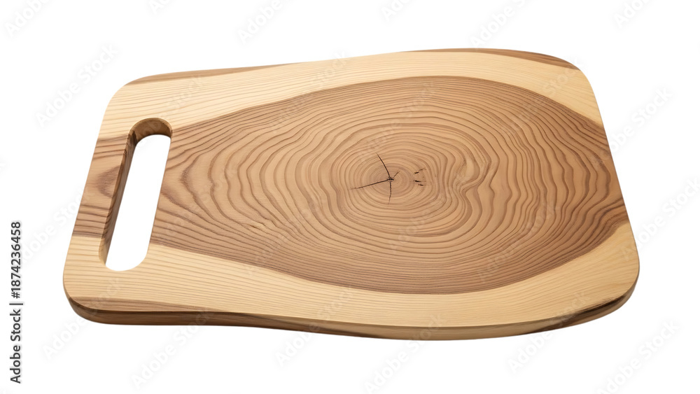 Single light wood cutting board with concentric grain pattern and finger slot detail isolated on a transparent background
