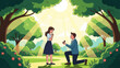 © Ho - Man proposing marriage to woman in a park with engagement ring romantic scene with sunbeams and lush greenery illustration for love and relationship concepts