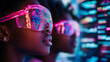 © sommersby - Young woman with dark skin gazes into futuristic digital world reflected in her vibrant neon pink augmented reality glasses, showcasing cyberpunk aesthetic with glowing data streams and vibrant lights