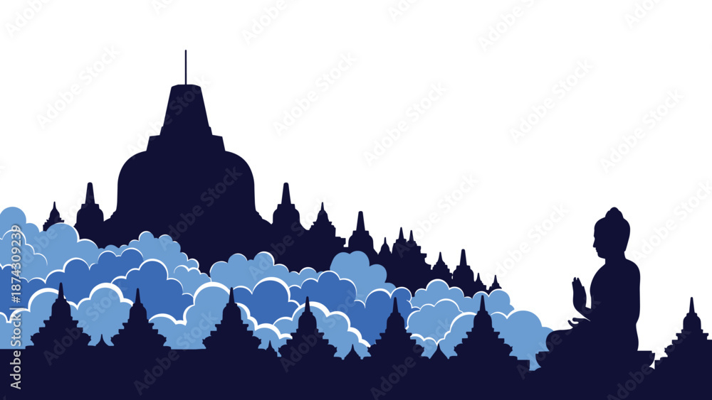 Silhouette of the majestic Borobudur temple complex in Indonesia with blue clouds and a peaceful Buddha statue on a bright white background.