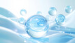 © Shimaya - 透明ジェルと水色バブルの美容成分イメージ　ヒアルロン酸・セラミド・ナイアシンアミド配合の高保湿スキンケア科学背景 / Transparent gel and light blue bubbles, hyaluronic acid, ceramide, niacinamide, high moisturizing skincare science background