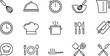 © Vactor Itbd - Kitchen and cooking line icon set featuring chef hat culinary tools like whisk spatula frying pan and measuring cup for restaurant and food preparation.