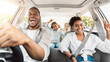 © Prostock-studio - Summer Road Trip. Happy Black Family Of Three Riding Car And Singing Having Fun Traveling By Automobile. Parents And Daughter Enjoying Auto Ride Together On Weekend. Panorama, Selective Focus
