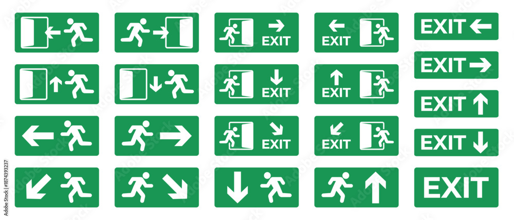 Safe Exit Abstract Set of green emergency exit signs with running man icons, arrows, and ...