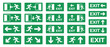 © Anshdeep - Set of green emergency exit signs with running man icons, arrows, and exit text, showing safe evacuation routes and directions. Ideal for fire safety plans, public buildings, offices, hospitals, malls