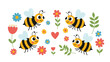 © Raqib - Collection of cute bumblebees flying among colorful spring flowers and green leaves on a white background in a cheerful and vibrant garden scene.