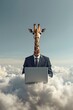 © MST - Surreal giraffe in a business suit working on a laptop above a cloudscape