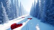 © Artfinity - Magical winter forest and romantic path. Love journey and seasonal landscape. Snowy trail with heart shaped holes filled with red roses leading through a blue pine tree woods