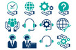 © Thitichaya - Flat-style icons in teal and navy blue showing support, technical assistance, global service, and help desk tools. vector illustration.