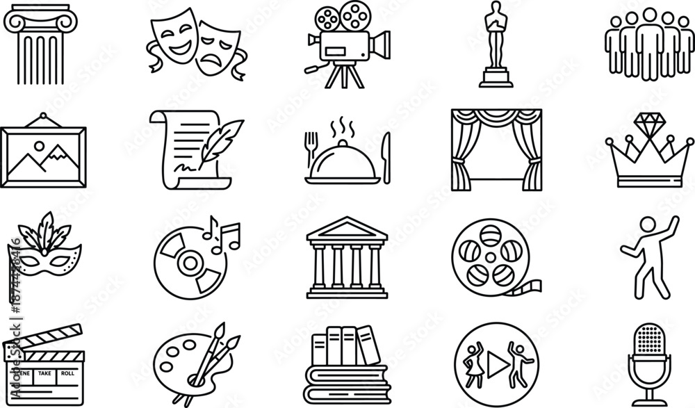 Entertainment and arts icon set featuring theater masks, cinema camera, music, painting, literature, dance, museum, film award, stage curtains, masquerade, and creative culture symbols.