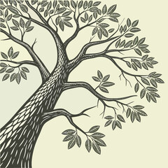  Tree with sprawling branches and leaves on cream background