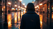 © Inspire Shots Hub - Woman in dark coat walking away, rain reflecting city lights, creating a moody, atmospheric scene symbolizing solitude, urban exploration or contemplation