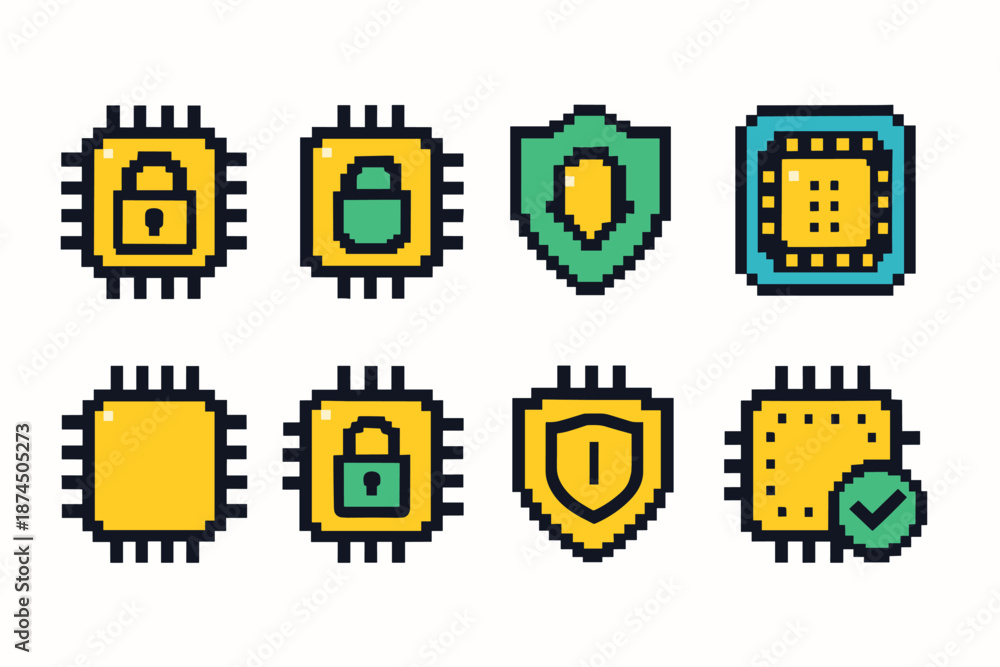 Cybersecurity pixel icon set. Technology and security icons in pixel ...