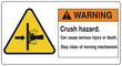 © Hussnain - Crucial industrial safety sign warning of severe crush hazards from moving machinery, emphasizing the importance of keeping hands clear to prevent serious injury or potential fatality
