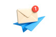 © Debirani - 3D Email Envelope Icon with Red Notification Badge Number 1 on Blue Paper Plane Background OR white background