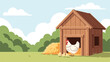 © Aydin - White mother hen stands at the entrance of her wooden chicken coop while three small yellow chicks play on the grass nearby in the sun.