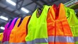 © rianstudio - A row of bright neon and orange high visibility safety vests with reflective stripes hanging in a store or warehouse displaying safety apparel