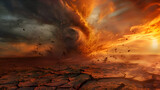 Dramatic tornado scene with cracked earth and fiery sky for disaster and climate change themes
