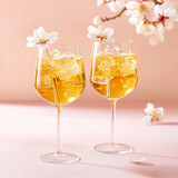 Spring cocktail floral drink iced beverage wine glass golden liquid pastel background blossom flower romantic mood Refreshing spring cocktail with