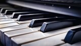 macro shot of piano keyboard emphasizing contrast between black and white keys in elegant minimal composition