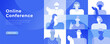 © Mariia - Modern blue vector of virtual team meeting with silhouettes in video call on laptop. Abstract bg for business webinar, online training, remote office, customer service, tech communication concepts