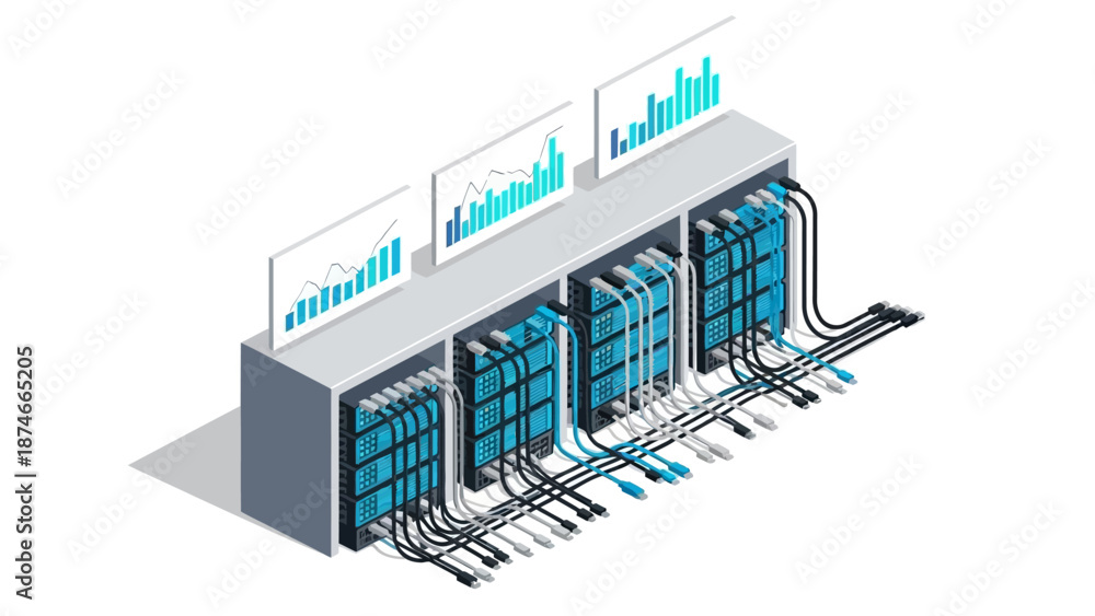 Network Rack Isometric View Isometric data center with server racks and analytics screens Stock ...