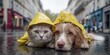 © Konstantin - Adorable cat dog wearing yellow raincoats lying wet city street rainy weather friendship animals together cute urban scene pet companionship moisture drops fur friends rainy day love animals
