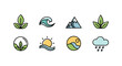 © Karim - Vibrant set of abstract nature-themed icons, featuring stylized leaves, waves, mountains, sun, river, and rain cloud, presented as clean vector cartoon illustrations on a white background, perfect
