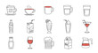 © Karim - A diverse collection of 15 line art beverage icons, featuring coffee cups, juice boxes, milk cartons, beer mugs, wine glasses, cocktails, milkshakes, and carafes, perfect for graphic and web design