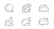 © Karim - A collection of six simple, hand-drawn vector illustrations of bubbles and foam, presented in a clean, thin-line style on a white background. The set includes individual bubbles, clusters of bubbles