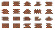 © Karim - Collection of diverse brick wall patterns and textures, including standard bricklaying, herringbone, and cracked sections, presented as flat vector illustrations on a clean white background, ideal