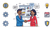 © Amir - Vibrant illustration of a business deal: a man and woman in professional attire shaking hands, symbolizing a successful partnership, with a presentation board displaying charts and graphs, alongside