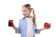 © New Africa - Little girl with glass of pomegranate juice and fruit on white background