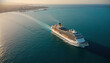 © ArtFocus Studio - Aerial view of a luxury cruise ship sailing across the calm blue ocean near a coastal city at sunset, leaving a long white wake on the water surface.